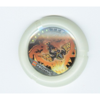 glow in dark opaque throwing disk with throwbot flare 5 pips lego technic logo and robot flying pattern