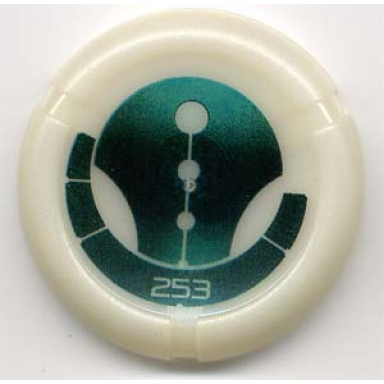 glow in dark opaque throwing disk with bionicle kanoka 253 ga-metru pattern