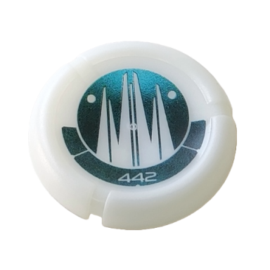 glow in dark opaque throwing disk with bionicle kanoka 442 ko-metru pattern