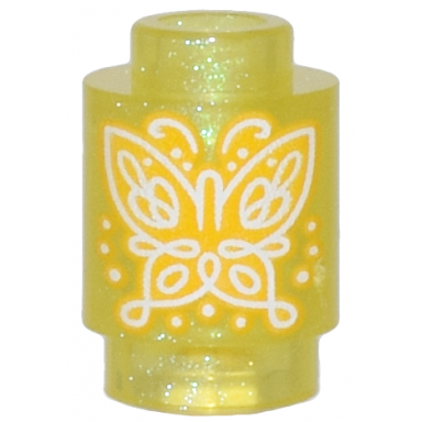 satin trans-yellow brick round 1 x 1 with bright light orange and white butterfly pattern