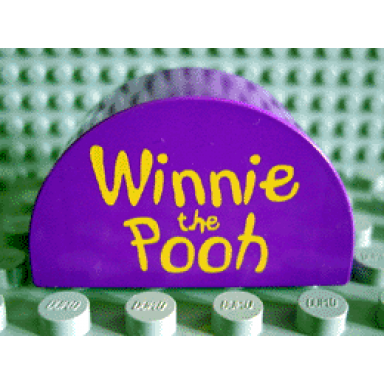 purple duplo brick 2 x 4 x 2 slope curved double with yellow winnie the pooh pattern