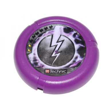 purple throwing disk with throwbot electro slizer energy 2 pips lego technic logo and lightning emblem pattern