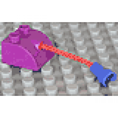purple duplo brick 2 x 2 slope curved with hole connector with 3l red rope and violet stud holder