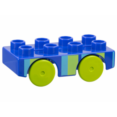 dark blue-violet duplo car base 2 x 4 with lime wheels with light blue and lime stripes pattern