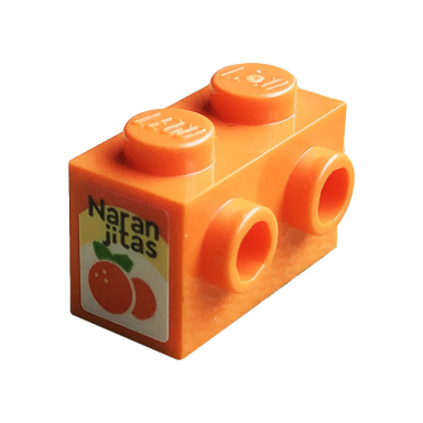 brick modified 1 x 2 with studs on 1 side with orange and black naranjitas pattern sticker - set 10291