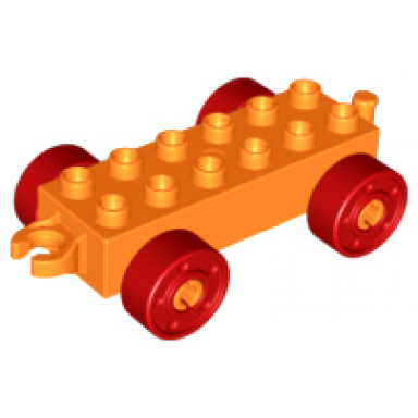 orange duplo car base 2 x 6 with open hitch end and red wheels with fake bolts