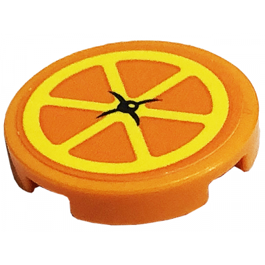 orange tile round 2 x 2 with bottom stud holder with cushion with orange slice and black button pattern sticker - set 41701