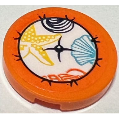 orange tile round 2 x 2 with bottom stud holder with white cushion circle with black button yellow starfish sea star and medium azure seashell pattern sticker - set 41428