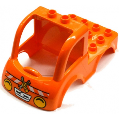 orange duplo car body truck 4 x 4 flatbed with 2 top studs grille and headlights white danger stripes wrench and screwdriver pattern