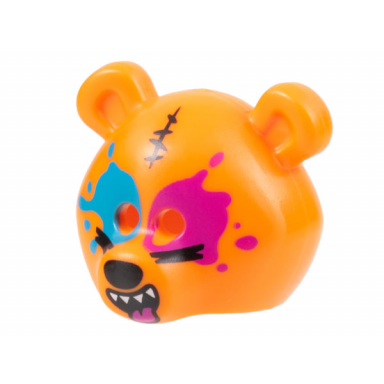 orange minifigure headgear mask bear rounded with black stitching and nose dark azure and magenta splotches and open mouth smile with tongue pattern