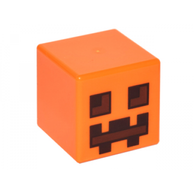 orange minifigure head modified cube with pixelated dark brown and reddish brown eyes and mouth pattern minecraft pumpkin jack o lantern snow golem
