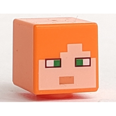 orange minifigure head modified cube with pixelated light nougat face green eyes and nougat mouth pattern minecraft alex