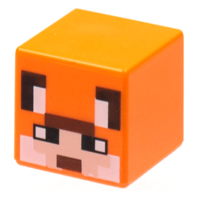 orange minifigure head modified cube with pixelated light nougat face black eyes and ears white auricles and cheeks and reddish brown mouth pattern minecraft fox skin