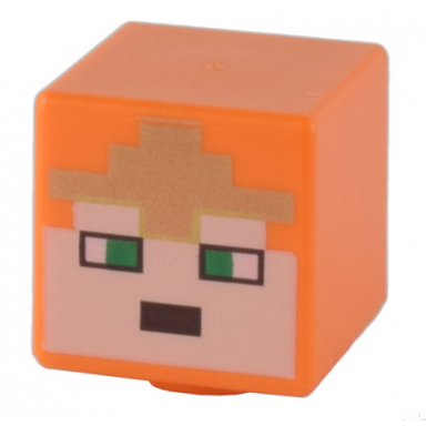 orange minifigure head modified cube with pixelated light nougat face green eyes and gold crown pattern minecraft royal warrior