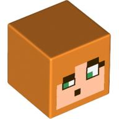 orange minifigure head modified cube with pixelated light nougat face green eyes dark brown eyebrows and mouth pattern minecraft alex