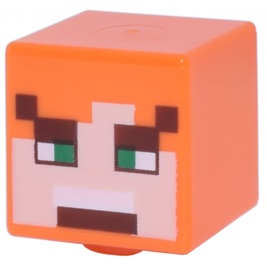 orange minifigure head modified cube with pixelated light nougat face green eyes reddish brown eyebrows and angry open mouth with top teeth pattern minecraft alex