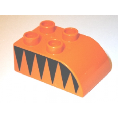 orange duplo brick 2 x 3 slope curved with black triangles pattern on both sides
