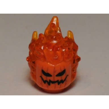 orange minifigure head modified with molded trans-orange flaming hair and printed pumpkin jack o lantern pattern