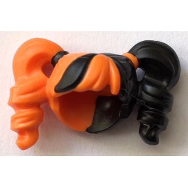 orange minifigure hair female pigtails high bouncy hole on top with black hair on left side and black tie on right side pattern