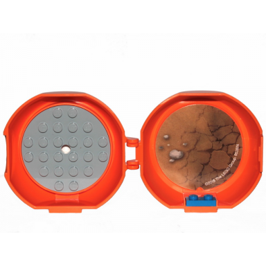 orange container pod with light bluish gray 6 x 6 round plate and blue 1 x 2 plate with the lego movie 2 pattern sticker and hologram - set 853874