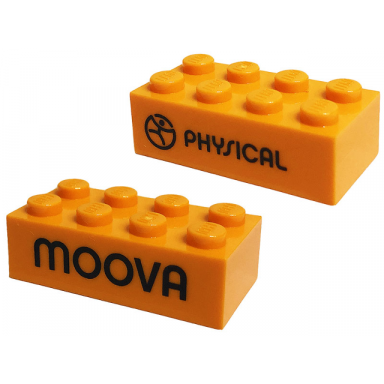 orange brick 2 x 4 with black physical and moova pattern on opposite sides play day 2019