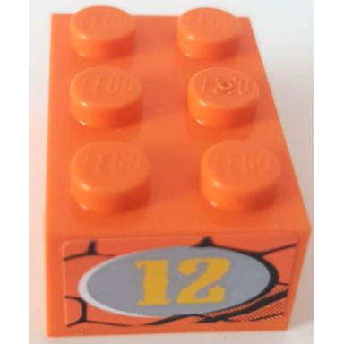orange brick 2 x 3 with yellow 12 in light bluish gray oval on snakeskin background pattern on end model left side sticker - set 8158