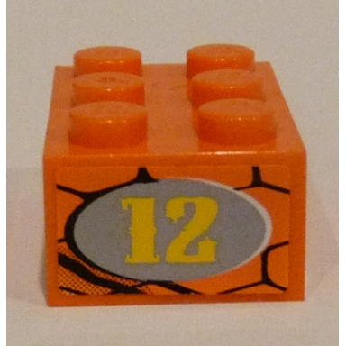 orange brick 2 x 3 with yellow 12 in light bluish gray oval on snakeskin background pattern on end model right side sticker - set 8158