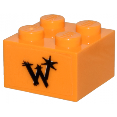 orange brick 2 x 2 with weasleys wizard wheezes logo letter w and star pattern sticker - set 76437
