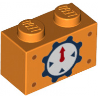 orange brick 1 x 2 with red pointer dark blue cog and triangles pattern