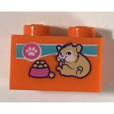 orange brick 1 x 2 with paw print hamster and food bowl pattern sticker - set 41345