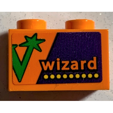 orange brick 1 x 2 with wizard and yellow dots on dark purple background partial green letter w pattern sticker - set 75978