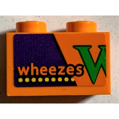 orange brick 1 x 2 with wheezes and yellow dots on dark purple background partial green letter w pattern sticker - set 75978
