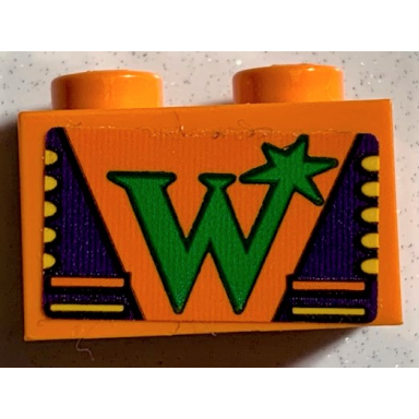 orange brick 1 x 2 with green letter w and dark purple triangles pattern sticker - set 75978