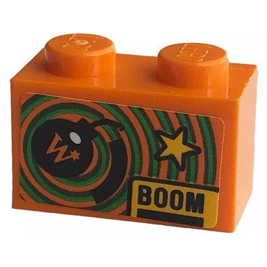 orange brick 1 x 2 with yellow star black boom and bomb with capital letter w pattern sticker - set 76422