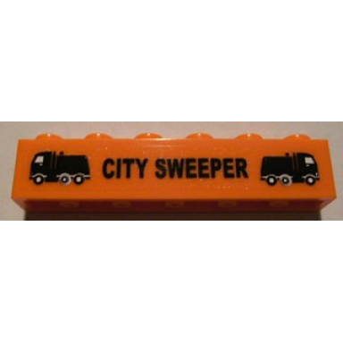 orange brick 1 x 6 with black city sweeper and trucks pattern sticker - set 8404