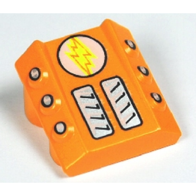 orange brick modified 2 x 2 no studs sloped with 6 side pistons raised with yellow lightning bolt on white circle air vents pattern