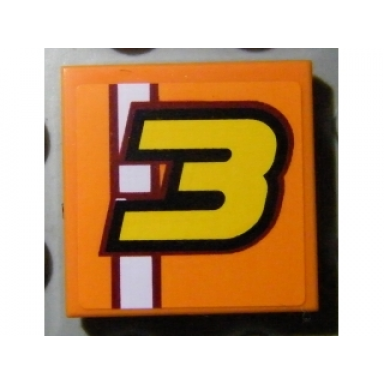 orange tile 2 x 2 with yellow number 3 and white stripe pattern sticker - set 8304