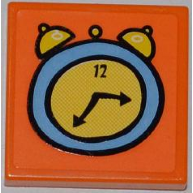 orange tile 2 x 2 with medium blue and yellow alarm clock pattern sticker - set 3818