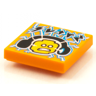 orange tile 2 x 2 with beatbit album cover - minifigure head with headphones and lightning bolts electricity pattern