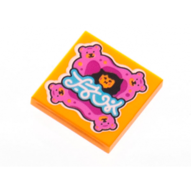 orange tile 2 x 2 with beatbit album cover - queasy girl and 4 dark pink teddy bears in corners pattern