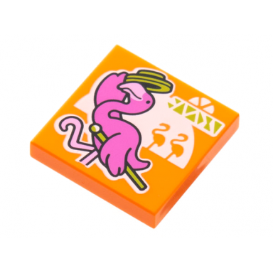 orange tile 2 x 2 with beatbit album cover - dark pink flamingo with lime hat and cane pattern