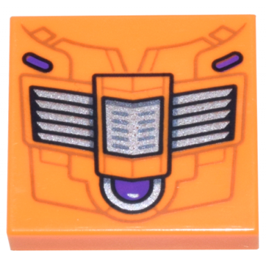 orange tile 2 x 2 with mechanical panel with silver vents and dark purple button and ovals pattern