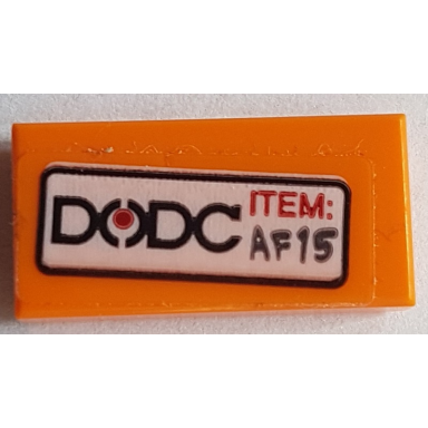 orange tile 1 x 2 with dodc and item: af15 pattern sticker - set 76082