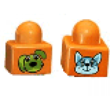 orange primo brick 1 x 1 with cat head and dog head pattern on opposite sides