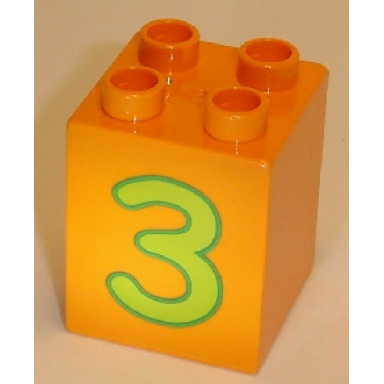orange duplo brick 2 x 2 x 2 with number 3 lime pattern