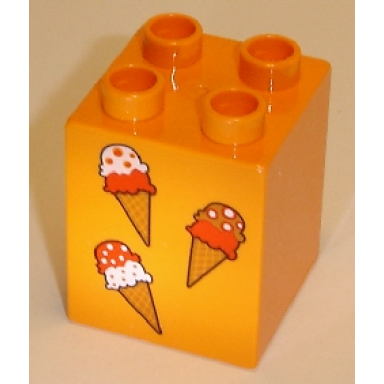 orange duplo brick 2 x 2 x 2 with three ice cream cones pattern