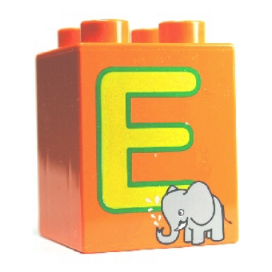 orange duplo brick 2 x 2 x 2 with letter e and elephant pattern