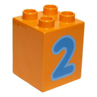 orange duplo brick 2 x 2 x 2 with number 2 blue pattern