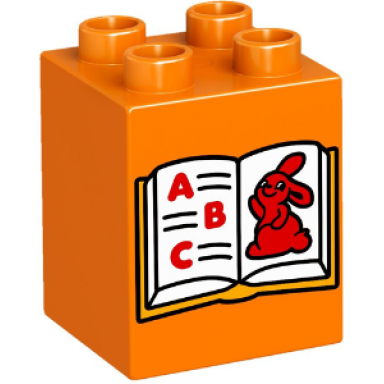 orange duplo brick 2 x 2 x 2 with book with a b c and bunny rabbit pattern