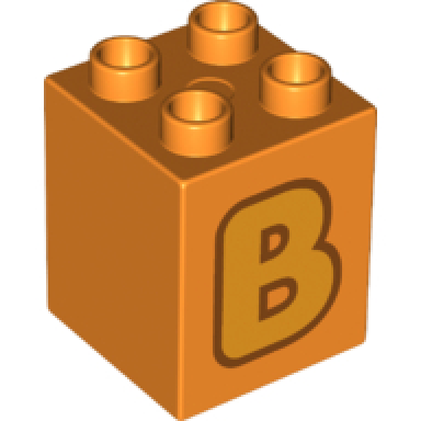 orange duplo brick 2 x 2 x 2 with bright light orange capital letter b with reddish brown outline pattern